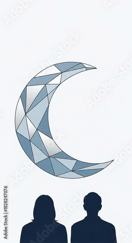 Geometric crescent moon above silhouetted couple: a minimalist vision of night and connection