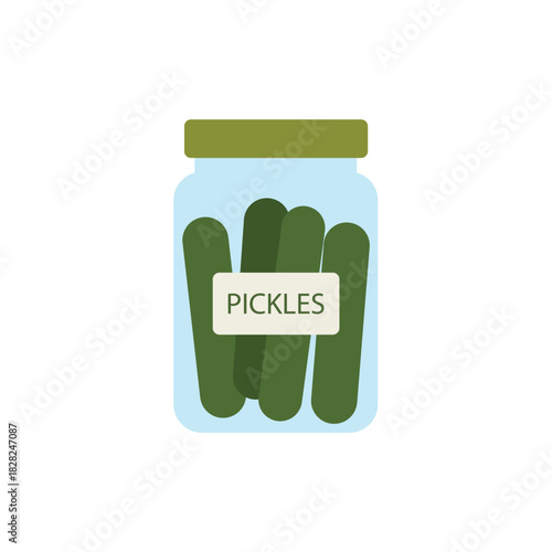 Flat vector illustration of whole pickles preserved in brine inside a glass jar with a green lid and a descriptive label.