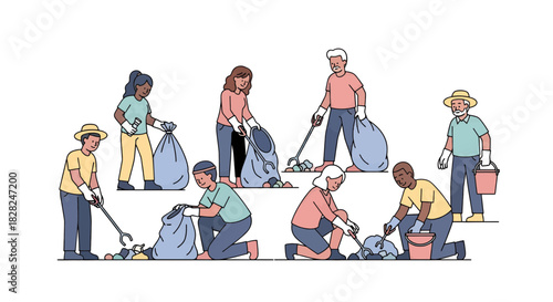Diverse group volunteering at community cleanup event, promoting environmental awareness and teamwork, fostering a sense of community responsibility