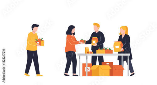 People volunteering with food donations and charity work, sharing care and support in the community to help those in need, vector illustration