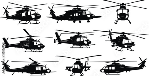 Set of military and civilian helicopter silhouettes featuring various rotorcraft designs, aviation shapes, aircraft profiles, and transportation vector icons