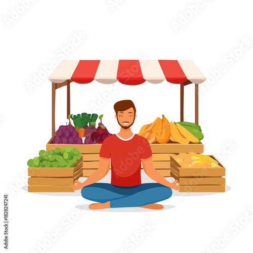 Calm seated meditating person at a market stall.