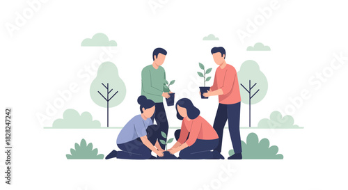 Team planting trees for a sustainable future, nurturing nature and growth, embodying unity and teamwork for environmental responsibility and conservation