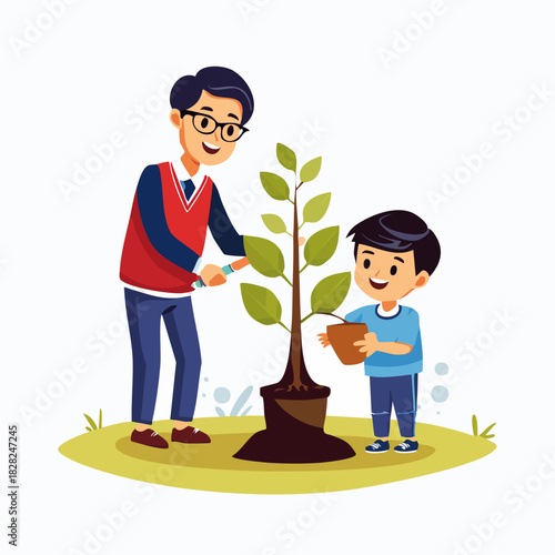 Two People Planting A Young Tree Sapling.