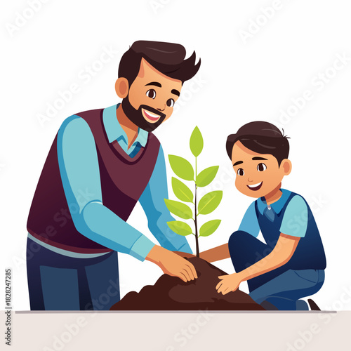 Adult man and young boy planting a sapling together.
