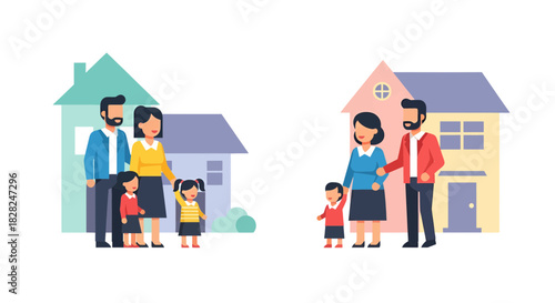 Happy families with children standing in front of their homes, perfect for real estate, community, or family lifestyle concepts, joyful and welcoming