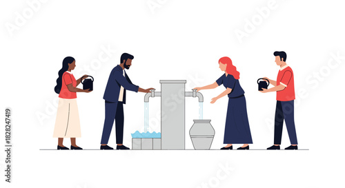 Diverse group collecting clean water at community tap, illustrating global water access efforts with focus on humanitarian aid and sustainable water solutions