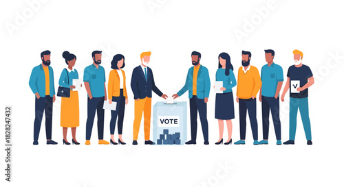 Diverse group casts votes at election box, shaping democracy for a brighter future, symbolizing civic duty and participation in a vital political process