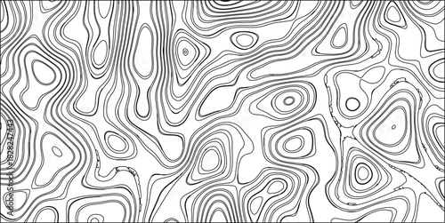 Black and white topographic contour lines forming an intricate abstract pattern with circular and irregular shapes on a white background