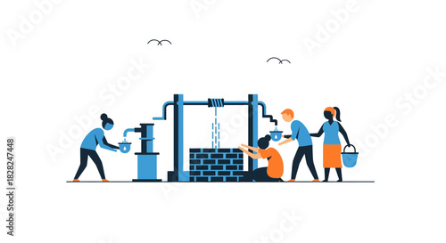 Community wellspring project bringing clean water access to all, a modern illustration emphasizing teamwork, sustainability, and global health solutions for future generations