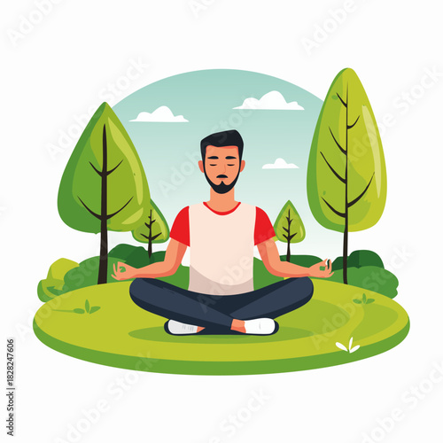 Meditating Man Sitting Cross Legged In Nature.