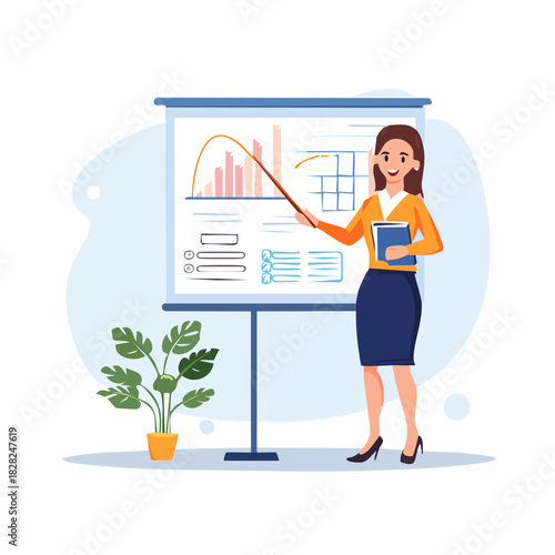 Business Presenter Demonstrating Data And Graphs On Flipchart.