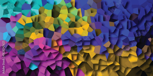 Vibrant abstract mosaic of irregular polygons in a spectrum of colors including purple, blue, yellow, and green with a layered 3D effect and dramatic shadows for dynamic backgrounds