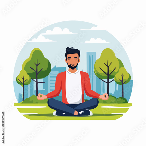 Meditating man sitting cross legged in park.