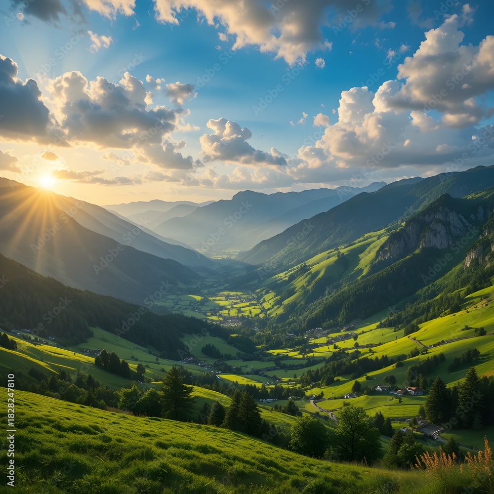 Fototapeta premium “Majestic Mountain Valley at Sunset – Dramatic Clouds, Golden Light, Lush Green Hills, Scenic Landscape Photography of Serene Nature and Peaceful Wilderness View”