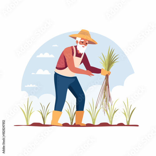 Farmer Planting Seedlings in a Field.