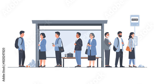 Diverse group of commuters waiting for the bus at modern urban stop, showcasing city lifestyle, public transport, and everyday routines in a minimalist style
