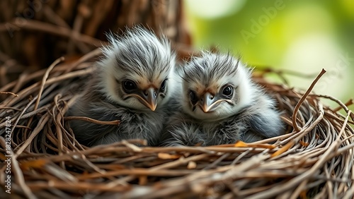 noticeably. A fluffy fledgling bird in a nest, smaller than its siblings, with a soft-focus background. wildlife magazines, conservation campaigns, designed for eco-tourism storytelling.
