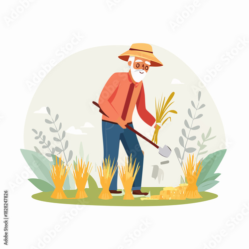 Farmer in orange shirt harvesting crops with hoe.