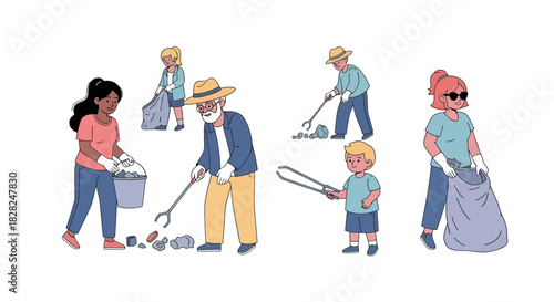Diverse community volunteers cleaning up litter together with enthusiasm, environmental responsibility and community support, creating a cleaner world