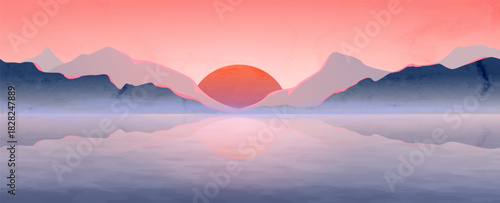 Art backdrop featuring mountains and hills on a lake at sunset or sunrise, in a minimalist modern style with watercolor textures. A landscape banner for decor, prints, wallpaper, and packaging.