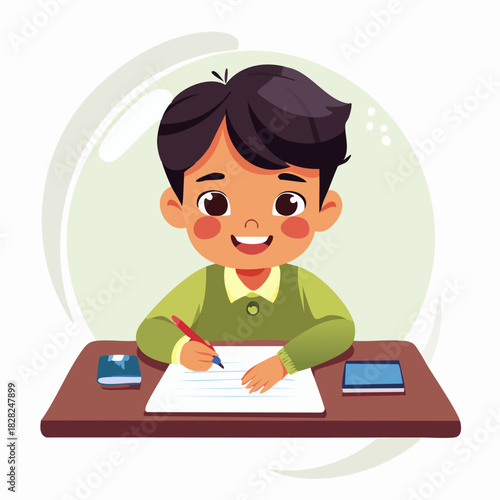 Young boy writing at desk with paper and pencil.