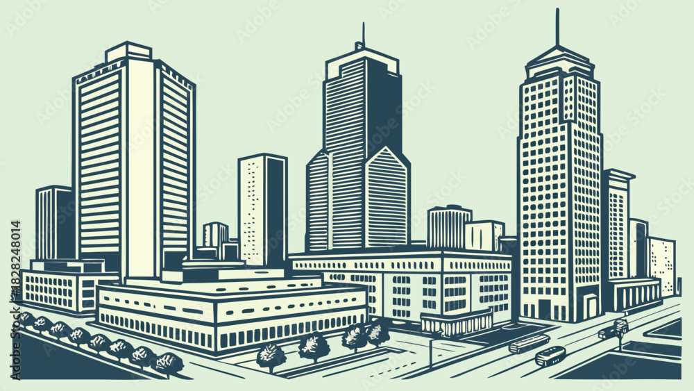 Naklejka premium Houston skyline vector with blue cityscape, buildings, trees, and buses. Ideal for citythemed designs, travel brochures, and urban illustrations.