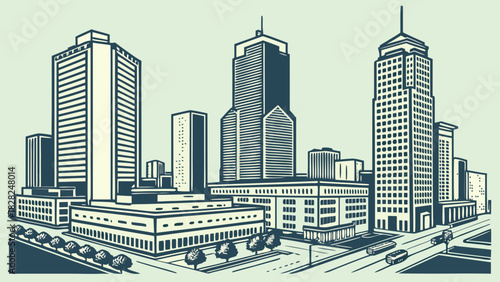 Houston skyline vector with blue cityscape, buildings, trees, and buses. Ideal for citythemed designs, travel brochures, and urban illustrations.