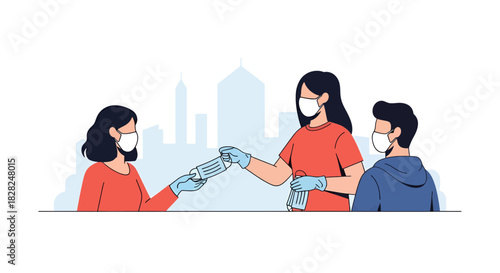 Essential health care workers distribute face masks in the city to protect against disease, offering safety and support to the public, vector illustration