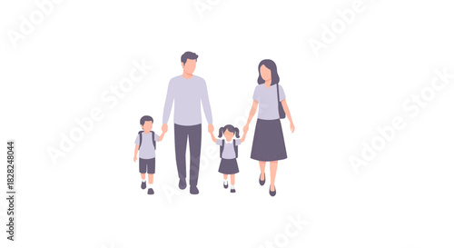 Stylish family going to school together, parents holding hands with children, back to school concept, modern family values, bonding, togetherness