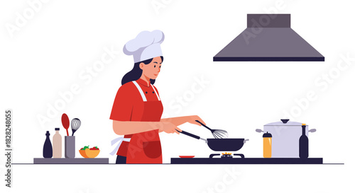 Woman chef skillfully cooking gourmet meal in modern kitchen, stirring ingredients with expertise, perfect for culinary arts and food industry visuals