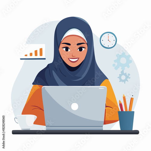 Woman in hijab working on laptop at desk.