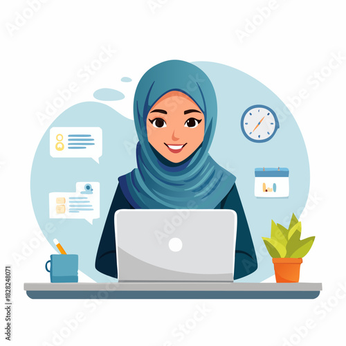 Female Worker Wearing Hijab Using Laptop at Desk.