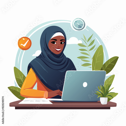 Woman in hijab working on laptop at desk.