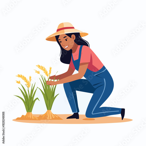 Female farmer tending crops in field.