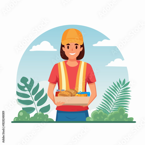 Construction worker woman holding bread and groceries.