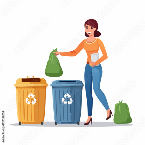 woman placing bag into recycling bin illustration.