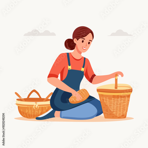 Woman Kneeling and Baking Bread Beside a Basket.