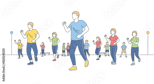 Engaging fitness class with diverse group jogging together, promoting health and wellness in a modern lifestyle setting, ideal for health campaigns