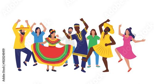 Multicultural celebration with diverse group dancing joyfully, embracing global unity through vibrant cultural expression and community spirit, a lively fiesta