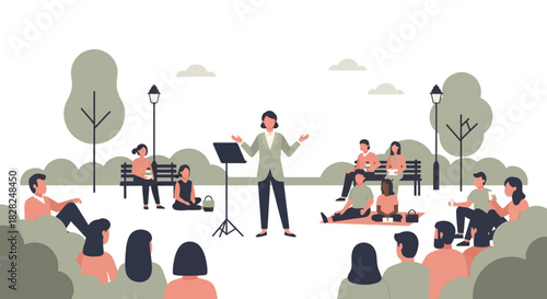 Captivating speaker enthralling crowd in vibrant park setting, engaging audience enjoying outdoor event, community gathering with dynamic presentation