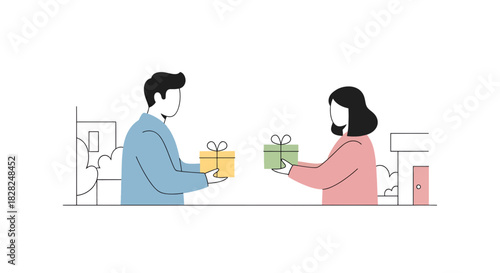 Thoughtful gift exchange between friends fostering connection and appreciation, perfect for holiday promotions and heartwarming moments in vector style art