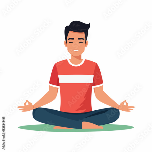 Young man meditating in lotus pose on mat.