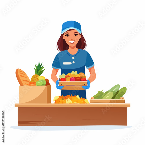 Woman Grocery Worker At Market Stall.