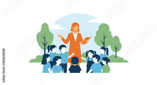 Enthusiastic teacher engaging diverse students in outdoor lesson, fostering curiosity and learning in a natural setting, perfect for education marketing