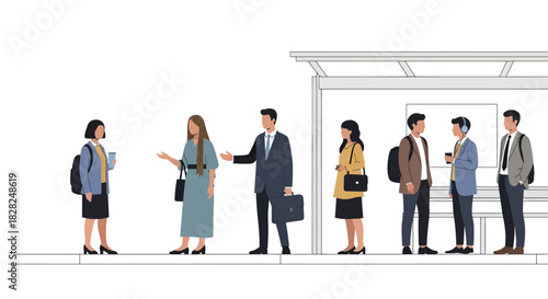 Diverse professionals waiting at modern transit stop, commuting to work, showcasing urban lifestyle, perfect for business and city life illustrations