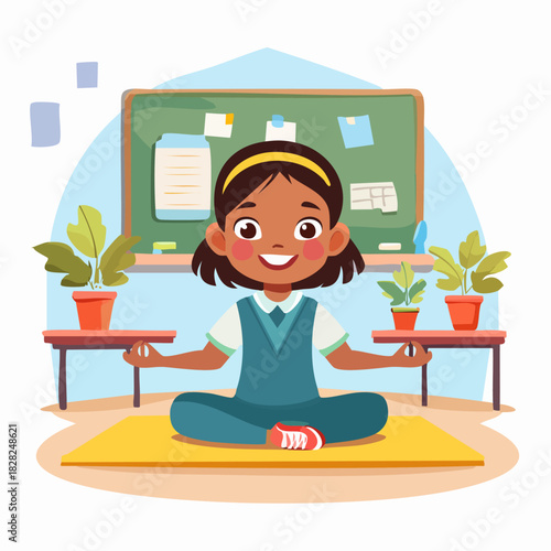 Young girl meditating in classroom on rug.