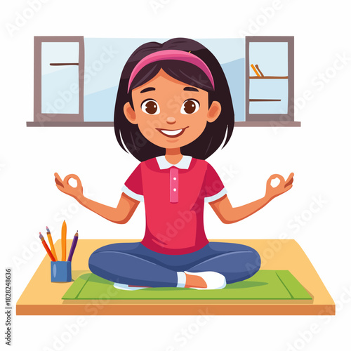 Young girl practicing meditation in seated pose on mat.