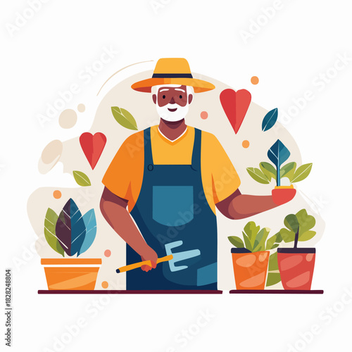 Gardener tending potted plants illustration.