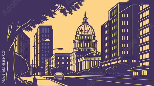 Austin skyline cityscape vector with domed capitol building suitable for city posters, travel brochures, texasthemed designs, and promotional materials.